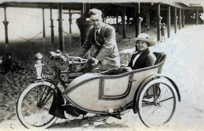 Framed Print : Gentleman & lady on a 1914 Triumph motorcyle & sidecar Framed Print : Gentleman & lady on a 1914 Triumph motorcyle & sidecar