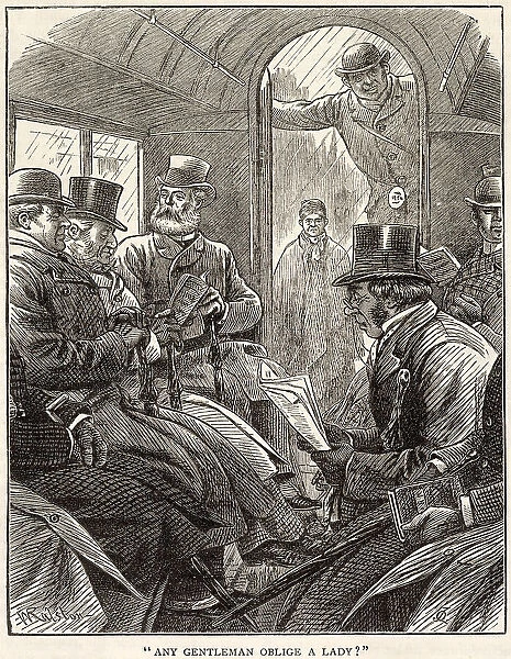 Any gentleman oblige a lady? The gentlemen observe one another, wondering if any will volunteer to give up his snug inside seat to go on top, in the cold and the rain Date: 1885