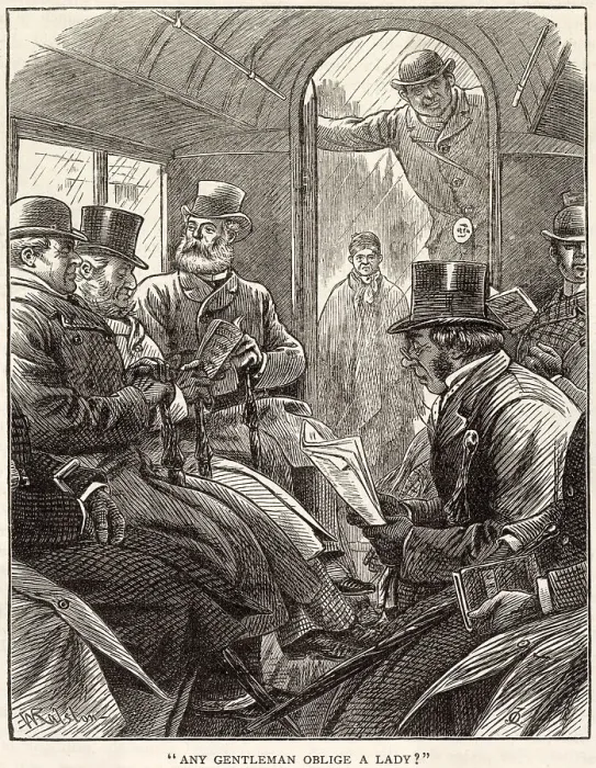 Framed Print : Any gentleman oblige a lady? The gentlemen observe one another, wondering if any will volunteer to give up his snug inside seat to go on top, in the cold and the rain Date: 1885 Framed Print : Any gentleman oblige a lady? The gentlemen observe one another, wondering if any will volunteer to give up his snug inside seat to go on top, in the cold and the rain Date: 1885