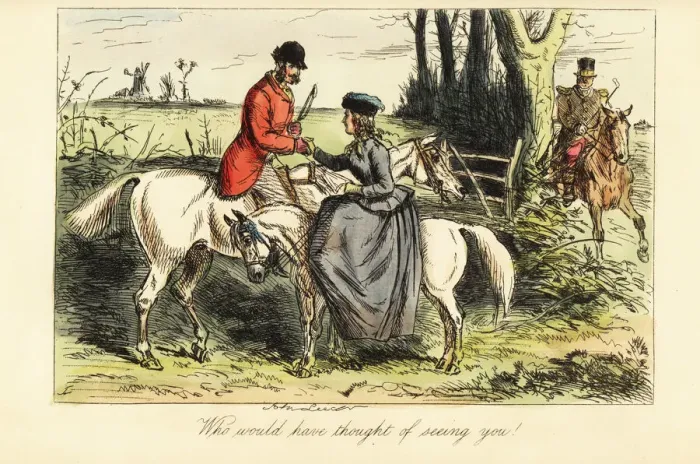 Framed Print : Gentleman on an old nag and lady on a pony meet up