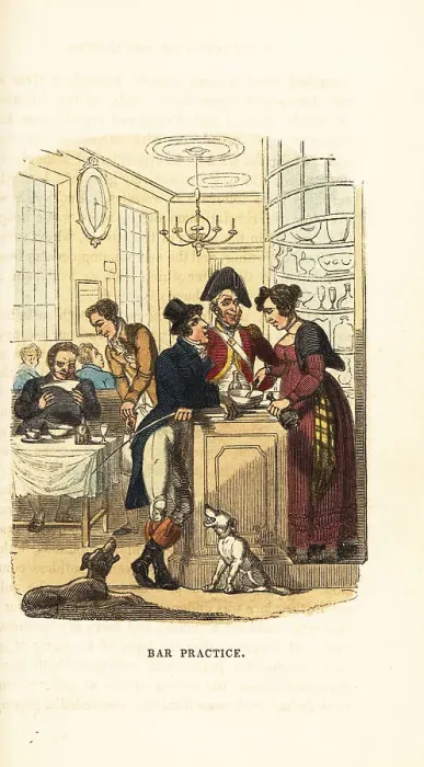 Framed Print : A gentleman and soldier flirting with an innkeeper at the bar Framed Print : A gentleman and soldier flirting with an innkeeper at the bar