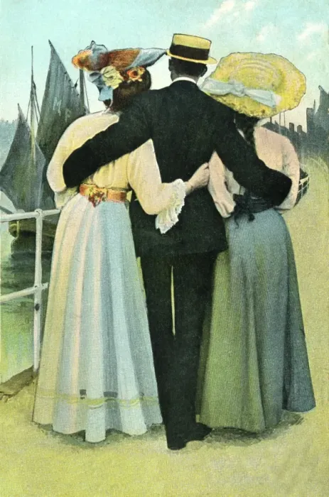 Framed Print : Gentleman strolling by the seafront with two women Framed Print : Gentleman strolling by the seafront with two women