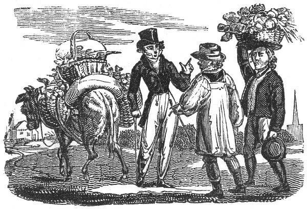 Gentleman talking to farmers with produce, c. 1800