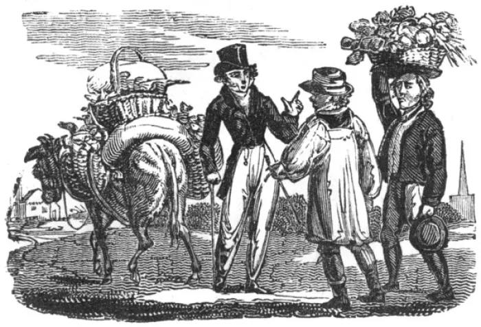 Framed Print : Gentleman talking to farmers with produce, c. 1800 Framed Print : Gentleman talking to farmers with produce, c. 1800