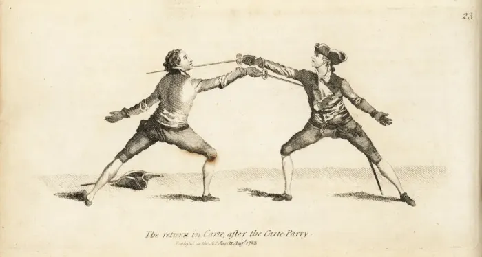 Framed Print : Gentlemen fencers in the Carte return after the Carte parry