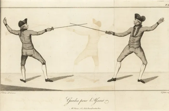 Framed Print : Gentlemen fencers en garde for an attack, 18th century Framed Print : Gentlemen fencers en garde for an attack, 18th century
