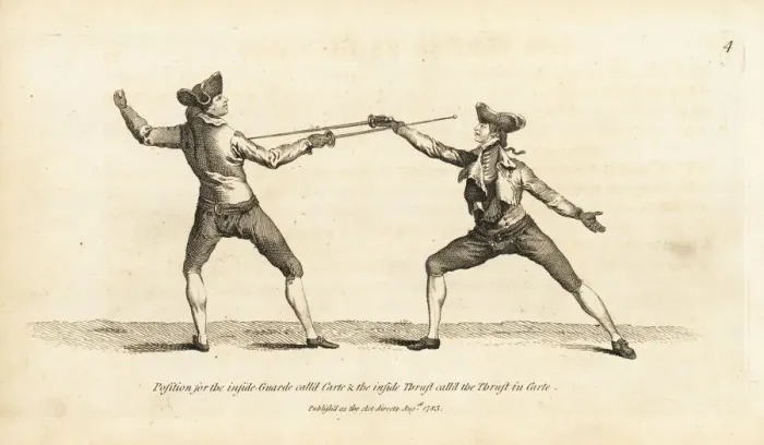 Framed Print : Gentlemen fencers in guard and thrust positions Framed Print : Gentlemen fencers in guard and thrust positions