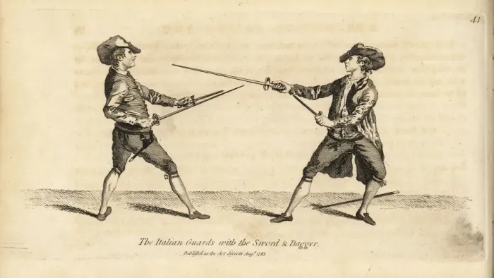 Framed Print : Gentlemen fencers in the Italian Guard position Framed Print : Gentlemen fencers in the Italian Guard position