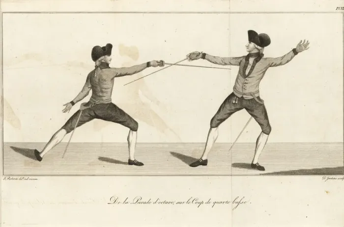 Framed Print : Gentlemen fencers lunging and parrying, 18th century Framed Print : Gentlemen fencers lunging and parrying, 18th century