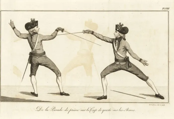 Framed Print : Gentlemen fencers lunging and parrying, 18th century Framed Print : Gentlemen fencers lunging and parrying, 18th century
