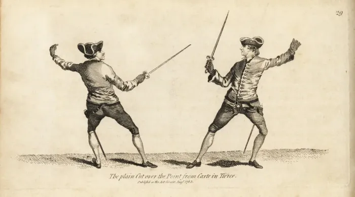 Framed Print : Gentlemen fencers making the plain Cut over