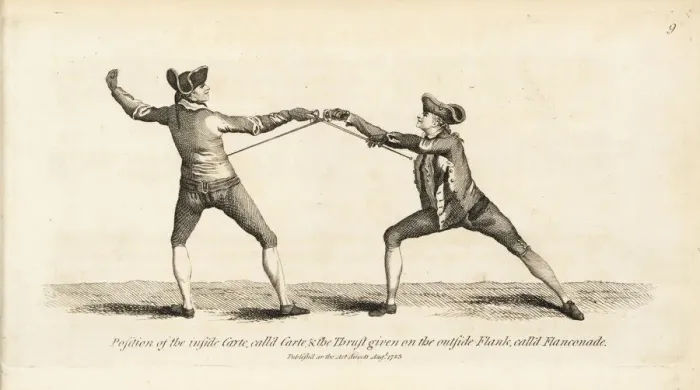 Framed Print : Gentlemen fencers in thrust and guard positions Framed Print : Gentlemen fencers in thrust and guard positions