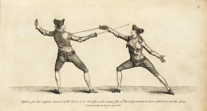 Framed Print : Gentlemen fencers in Tierce outside guard Framed Print : Gentlemen fencers in Tierce outside guard