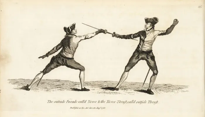 Framed Print : Gentlemen fencers in Tierce parry and thrust positions Framed Print : Gentlemen fencers in Tierce parry and thrust positions