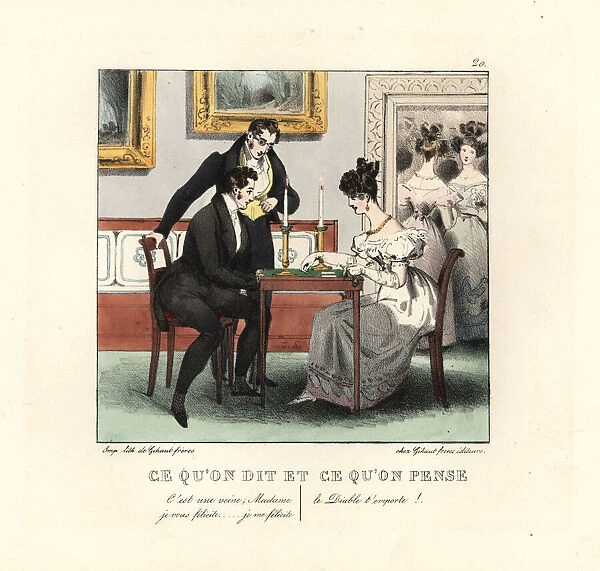 Gentlemen and lady playing cards in a parlour