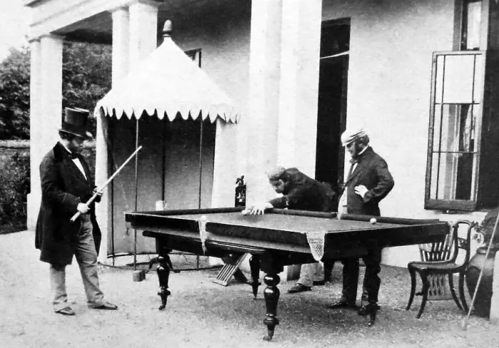 Framed Print : Gentlemen playing billiards in the 1870s Framed Print : Gentlemen playing billiards in the 1870s