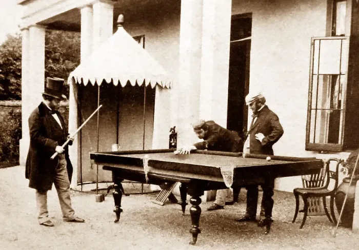 Framed Print : Gentlemen playing billiards in the 1870s Framed Print : Gentlemen playing billiards in the 1870s