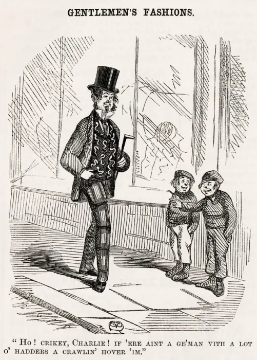 Framed Print : Gentlemens fashions, 1853. Two small boys in the street have a chuckle at a man s Framed Print : Gentlemens fashions, 1853. Two small boys in the street have a chuckle at a man s
