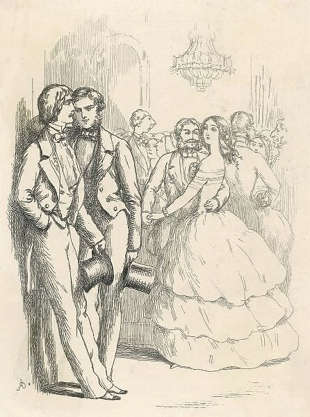 Gents at a Ball. Two young men whispering about an attractive girl who