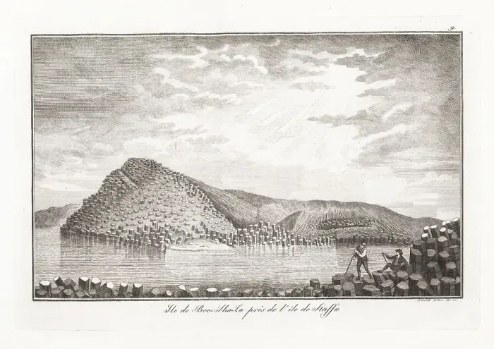 Framed Print : Geologists viewing the reef in front of Fingal's Cave, Staffa, 1 Framed Print : Geologists viewing the reef in front of Fingal's Cave, Staffa, 1