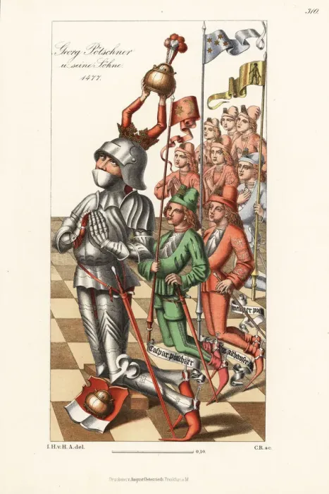 Framed Print : Georg Potschner in suit of armor with his sons, 1477 Framed Print : Georg Potschner in suit of armor with his sons, 1477