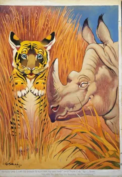 Framed Print : George Ernest Studdy, tiger cub and rhinoceros Framed Print : George Ernest Studdy, tiger cub and rhinoceros