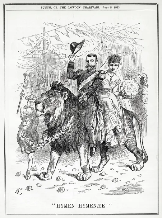 Framed Print : George Prince of Wales (later King George V) and Mary Princess of Wales riding the British Lion on their wedding day. Date: 1893 Framed Print : George Prince of Wales (later King George V) and Mary Princess of Wales riding the British Lion on their wedding day. Date: 1893