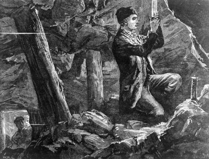 Framed Print : George Stephenson experimenting with the safety lamp in a mi Framed Print : George Stephenson experimenting with the safety lamp in a mi
