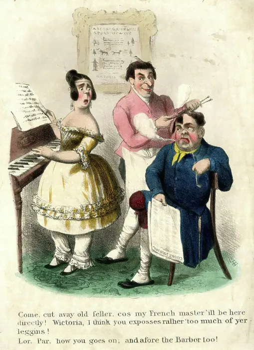 Framed Print : Georgian cartoon, man, daughter and barber Framed Print : Georgian cartoon, man, daughter and barber