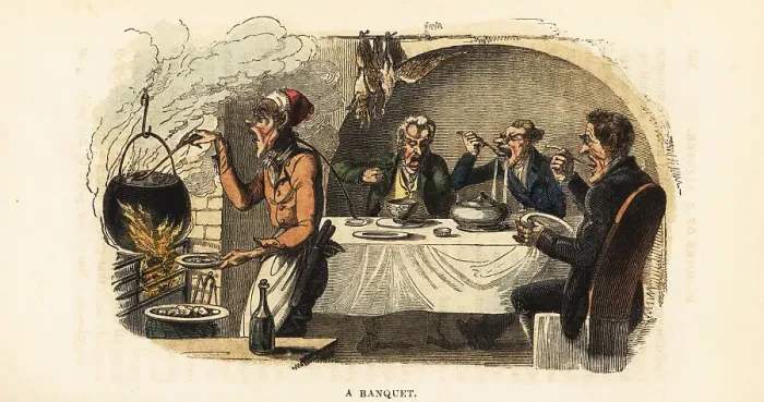 Framed Print : Georgian gentlemen eating soup from a tureen in a garret Framed Print : Georgian gentlemen eating soup from a tureen in a garret
