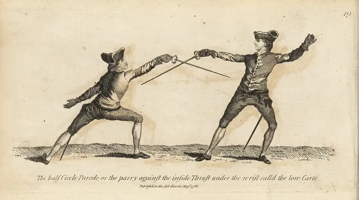 Framed Print : Georgian gentlemen fencer parrying a thrust Framed Print : Georgian gentlemen fencer parrying a thrust