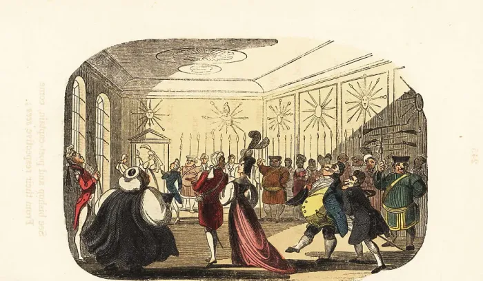 Framed Print : Georgian gentlement and ladies at an audience with the king Framed Print : Georgian gentlement and ladies at an audience with the king