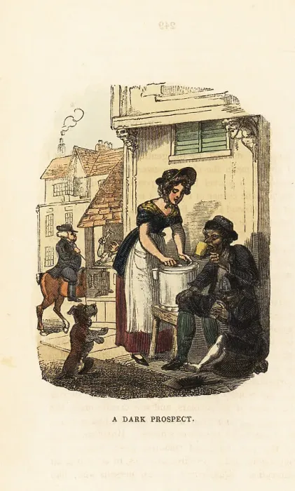 Framed Print : Georgian milkmaid serving cups of milk to a chimney sweep Framed Print : Georgian milkmaid serving cups of milk to a chimney sweep