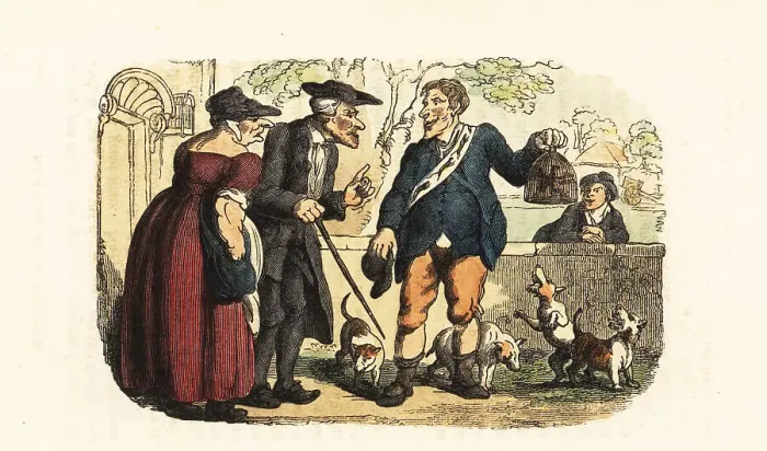 Framed Print : A Georgian rat-catcher showing some captured rats in a cage