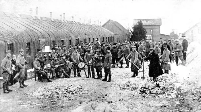 Framed Print : A German band, with top-hatted conductor, in an enemy camp at the front Framed Print : A German band, with top-hatted conductor, in an enemy camp at the front