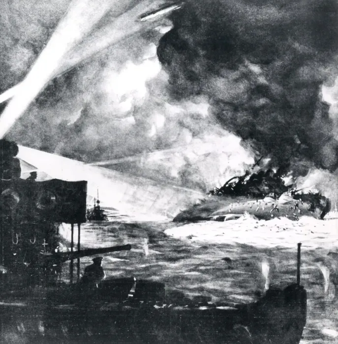 Framed Print : German battleship sinking at night, WW1 Framed Print : German battleship sinking at night, WW1