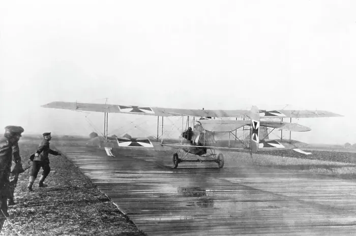 Framed Print : German biplane taking off from French airfield, WW1 Framed Print : German biplane taking off from French airfield, WW1