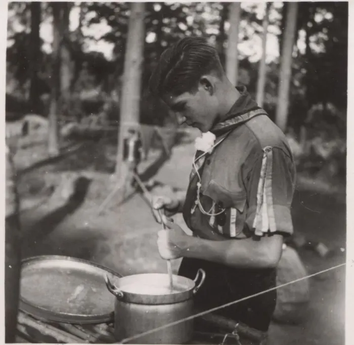 Framed Print : German boy scout cooking at camp Framed Print : German boy scout cooking at camp
