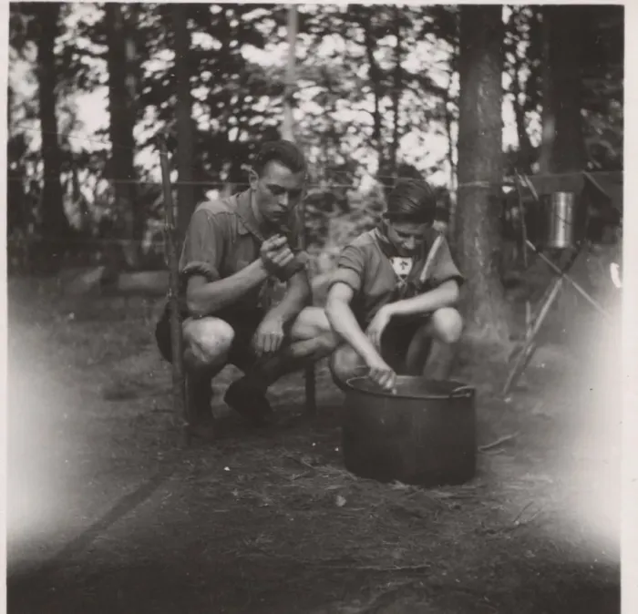 Framed Print : Two German boy scouts cooking at camp Framed Print : Two German boy scouts cooking at camp