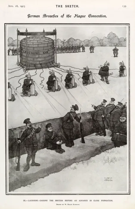 Framed Print : German breaches of the Hague Convention - laughing gassing the British before an advance Framed Print : German breaches of the Hague Convention - laughing gassing the British before an advance