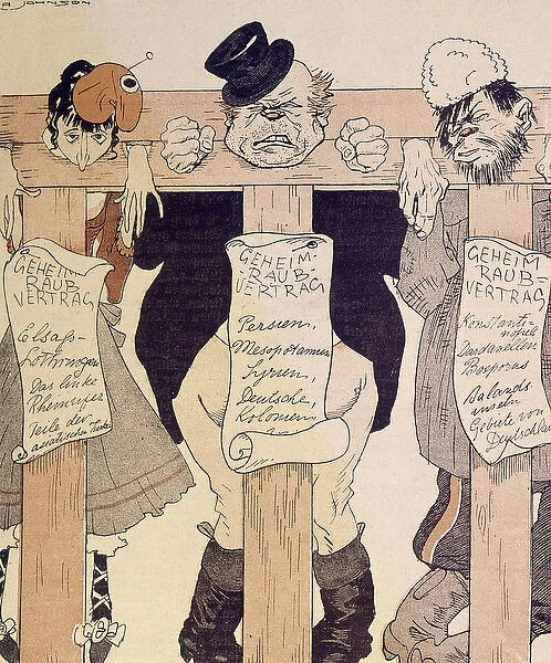 German cartoon, three allies in the stocks, WW1