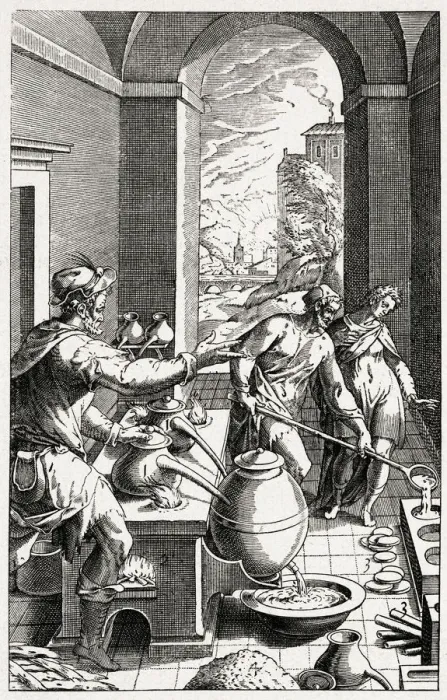 Framed Print : A German Chemist (or Alchemist!) and his assistants Framed Print : A German Chemist (or Alchemist!) and his assistants