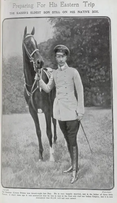 Framed Print : German Crown Prince, outdoor sporting portrait with horse. Captioned, Preparing For His Eastern Trip: the Kaiser's eldest son still on his native soil'. With description, The German Crown Prince was twenty-eight last May Framed Print : German Crown Prince, outdoor sporting portrait with horse. Captioned, Preparing For His Eastern Trip: the Kaiser's eldest son still on his native soil'. With description, The German Crown Prince was twenty-eight last May
