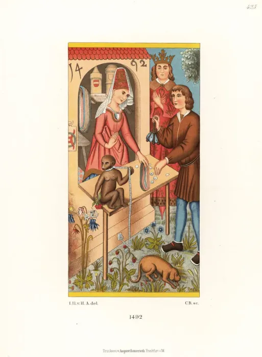 Framed Print : German female haberdasher in a shop selling thread, 1492 Framed Print : German female haberdasher in a shop selling thread, 1492