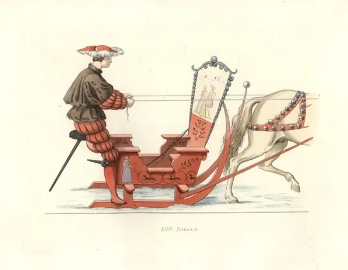 Framed Print : German man competing in a sleigh race, 16th century Framed Print : German man competing in a sleigh race, 16th century