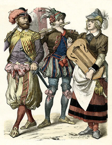 German men in costume a flag bearer, a flautist available as Framed ...