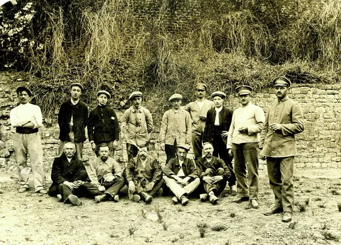 Framed Print : German men, some in uniform or military caps, WW1 Framed Print : German men, some in uniform or military caps, WW1