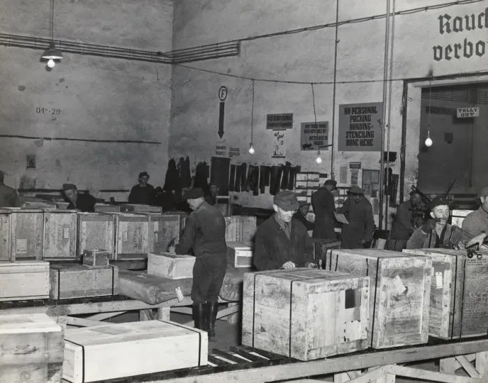 Framed Print : German Men with Wooden Crates During the Berlin Airlift ? Framed Print : German Men with Wooden Crates During the Berlin Airlift ?