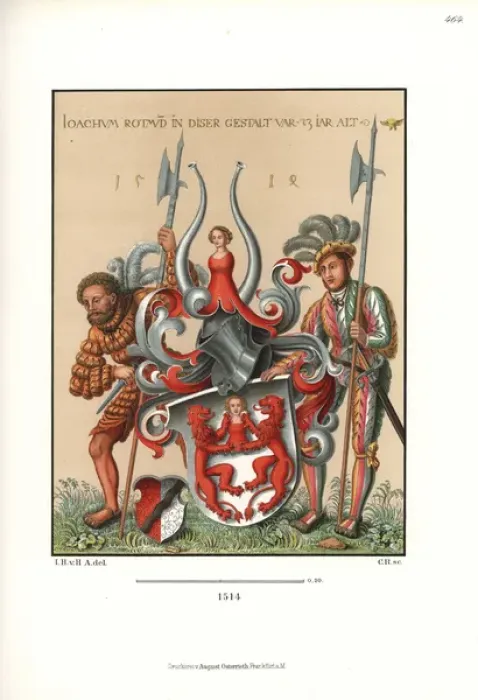 Framed Print : Two German mercenaries holding a coat of arms Framed Print : Two German mercenaries holding a coat of arms