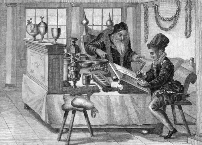 Framed Print : German Merchant at Books Framed Print : German Merchant at Books